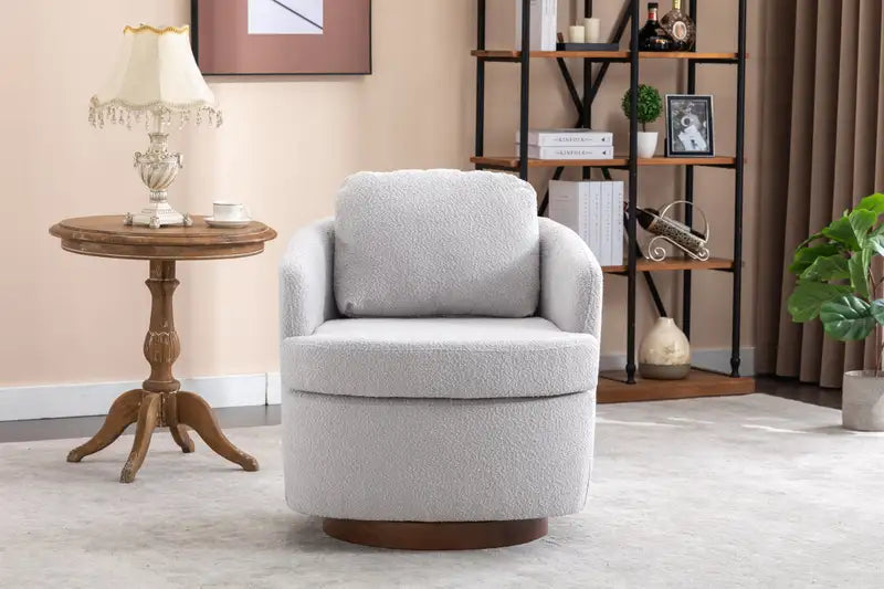 Light Gray Boucle Swivel Accent Chair with Brown Wooden Legs