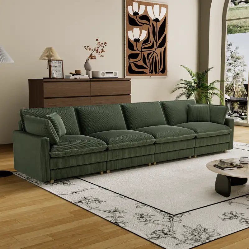 Green Modular L-Shaped Sectional Sofa - Deep Seats, 4 Pillows