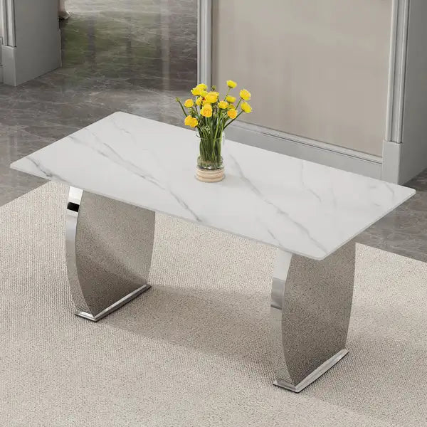 White Patterned Rectangular Dining Table with Silver Legs - 63" x 31.4" x 30" - Kitchen, Dining Room, Living Room