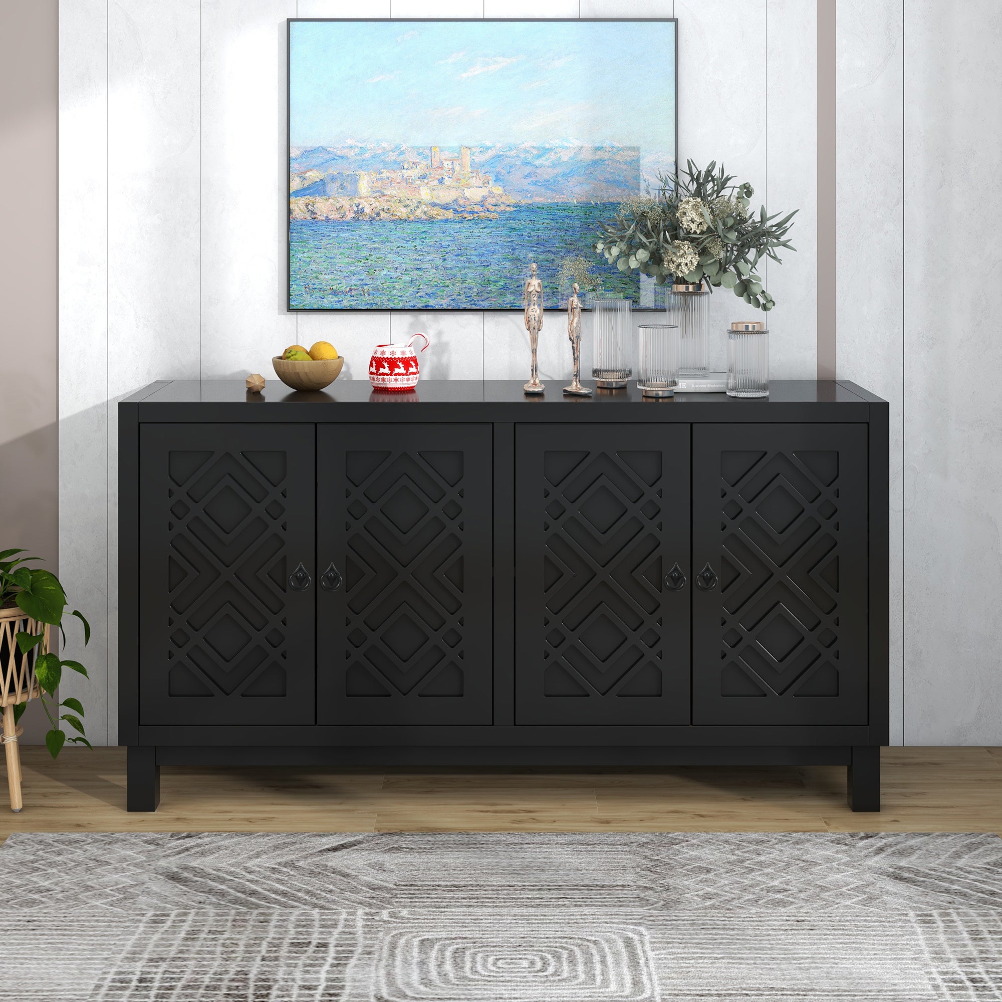 Large Storage Sideboard Buffet Cabinet with Pull Ring Handles - Black