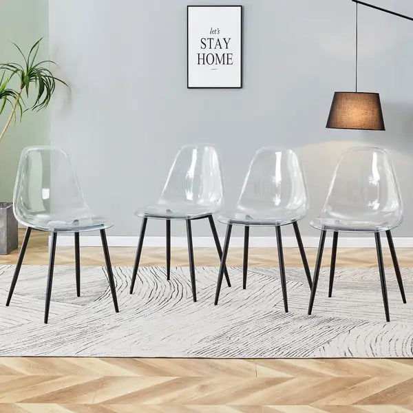 Set of 4 Modern Transparent Dining Chairs - Crystal Clear with Black Metal Legs - TW-1200