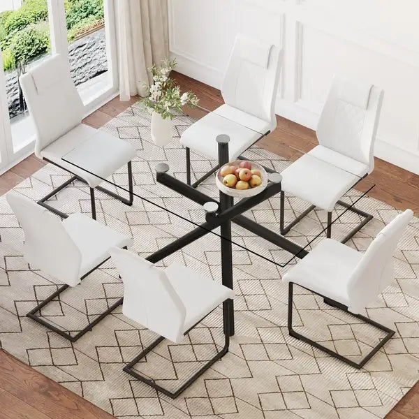 Modern Glass Dining Table Set with Black Metal Legs and PU Cushioned Chairs