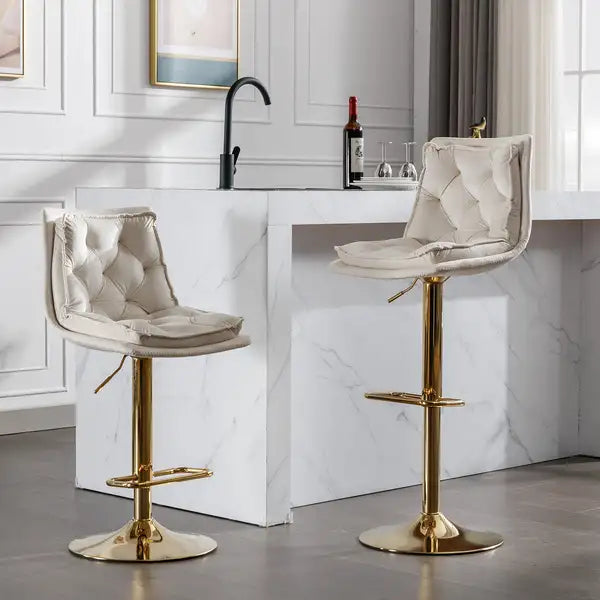 Set of 2 Swivel Bar Stools with Chrome Footrest - Height Adjustable Velvet & Gold Legs - Cream