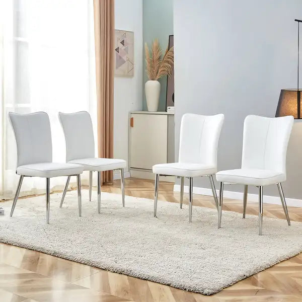 4-Piece White PU Dining Chairs with Silver Legs - Modern Minimalist Set for Home & Office - C-008 - Minihomy