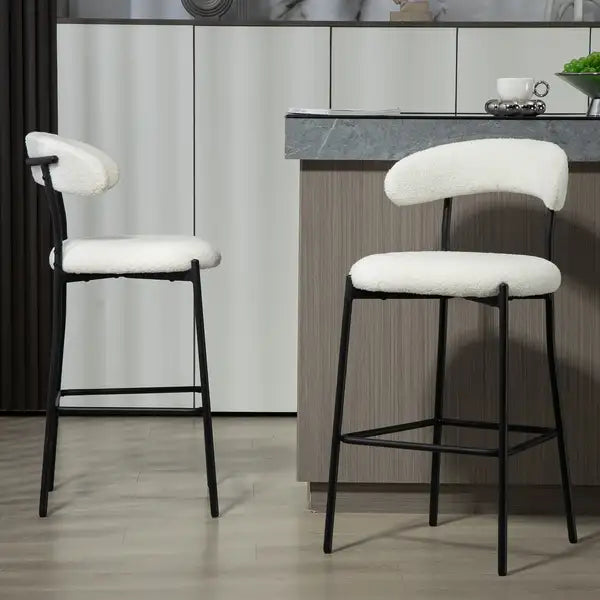 26" Counter Height Bar Stools with Teddy Fabric Cover - Black Base & Footrest (Snow) - Minihomy