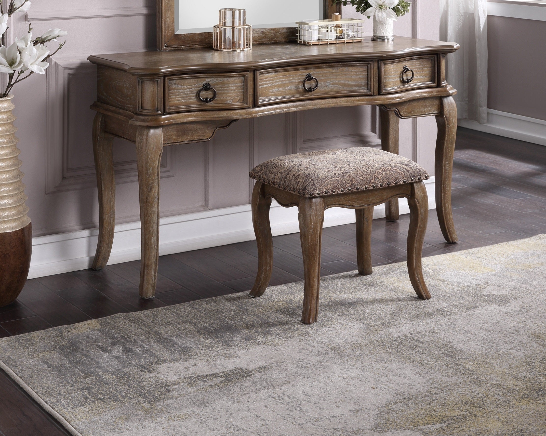 Antique Oak Vanity Set with Stool | Retro Style Drawers, Floral Crown Mirror