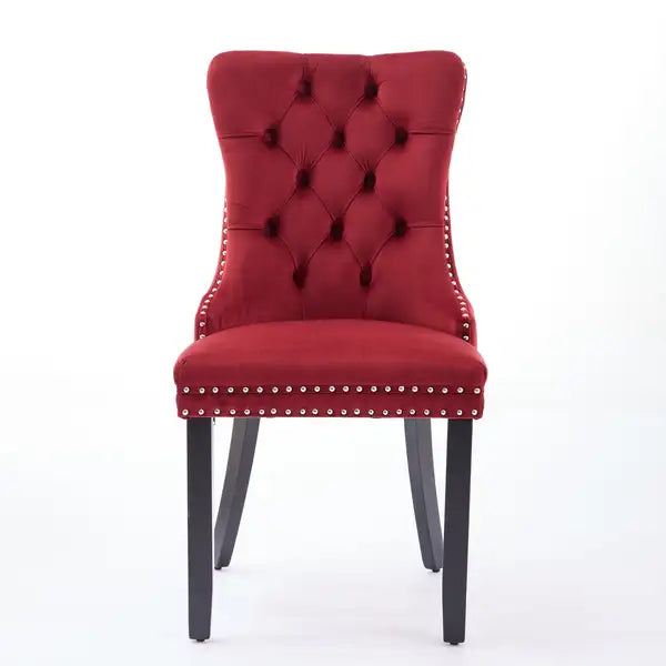 Velvet Dining Chairs Set of 2 - Burgundy Wine Red Tufted Upholstered with Nailhead Trim & Wood Legs - SW2001WR