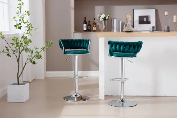 Set of 2 Green Velvet Swivel Bar Stools with Chrome Base & Adjustable Height