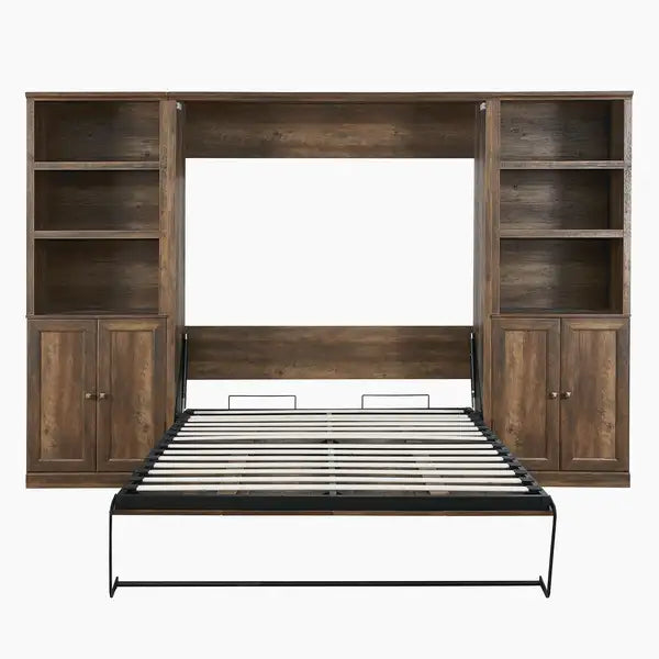 Full Size Murphy Bed with Storage | Space-Saving Cabinet Bed for Guest Room, Home Office (Brown) - Minihomy