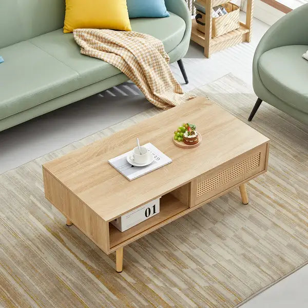 Modern Rattan Coffee Table with Storage & Solid Wood Legs - 41.34"