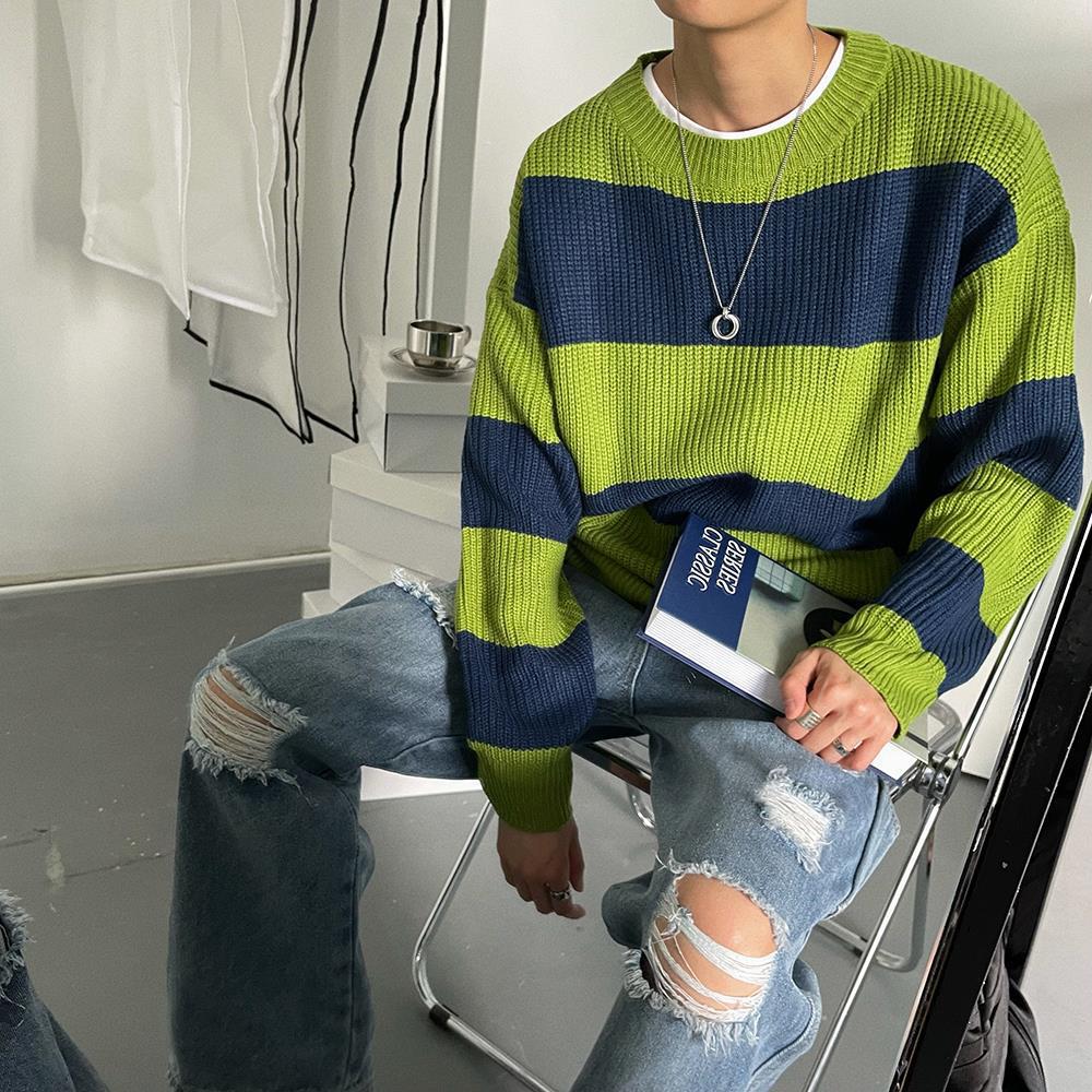 Striped Round Neck Men's Autumn And Winter Loose And Lazy Style Sweater