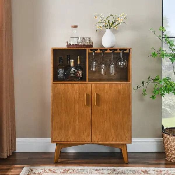 Rustic 31.5" Liquor Cabinet with Wine Glass Holder, Rack & Adjustable Shelf - Farmhouse Sideboard Buffet