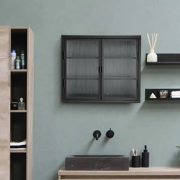 Retro Haze Double Glass Door Wall Cabinet - Black - Detachable Shelves