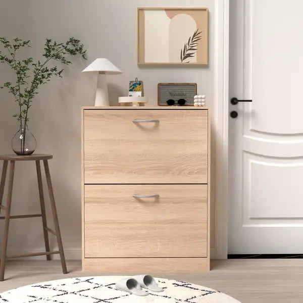 White Wooden Shoe Cabinet with 2 Flip Doors - Entryway Storage