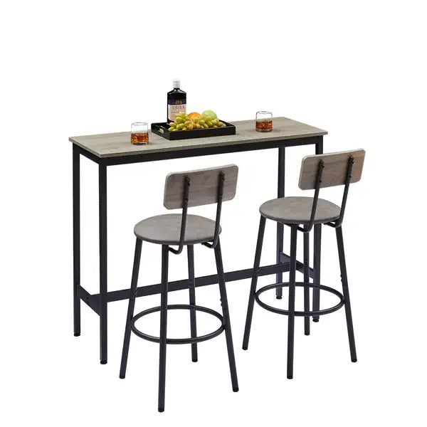 Grey Bar Table Set with 2 Stools, PU Soft Seat & Backrest, 43.31" L - Minihomy