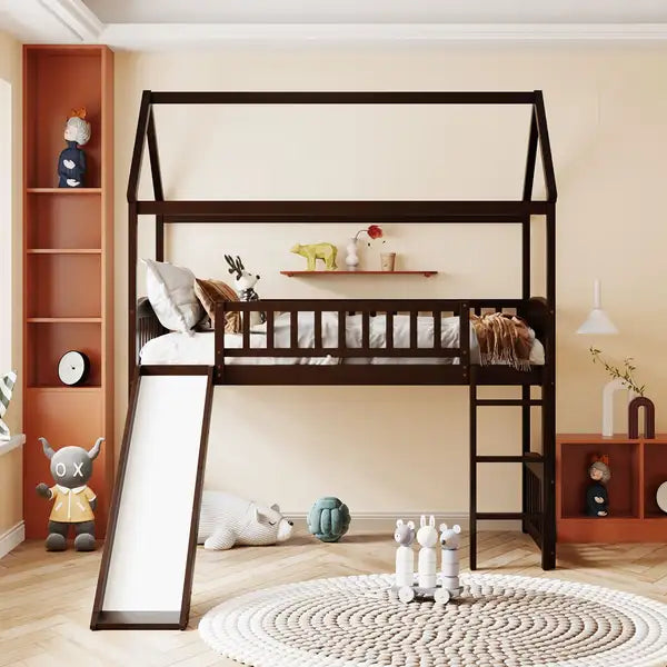 Twin Loft Bed with Slide - Espresso Kids Bunk Bed - Safe & Fun