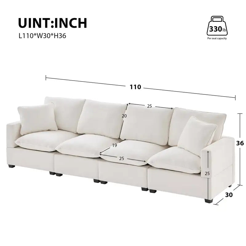 Modern Modular Sofa Set (4 Seats) - Chenille Sectional Couch w/ Pillows