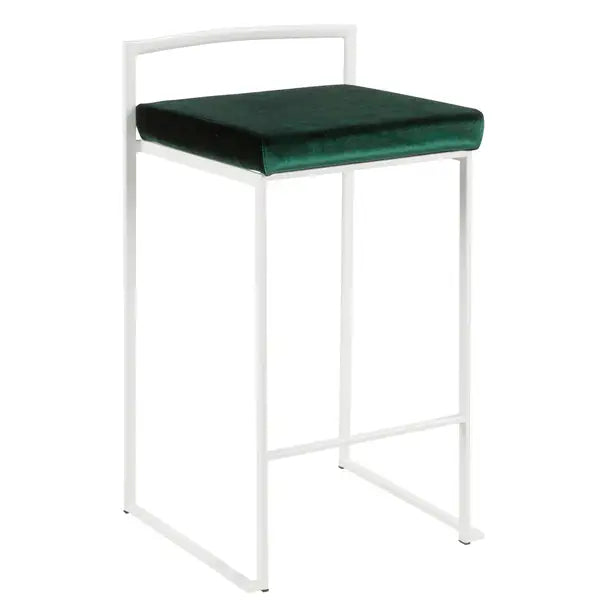 LumiSource Fuji White Counter Stools with Green Velvet Cushions (Set of 2)