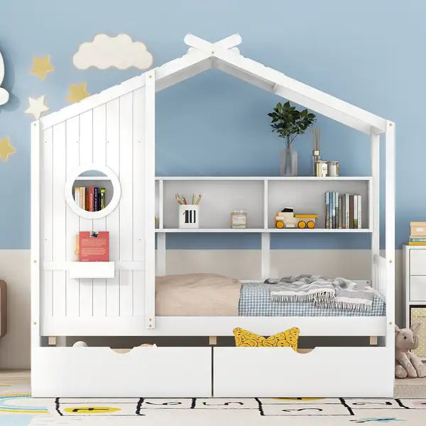 Twin Size Wooden House Bed with Storage | White Kids Bed with 2 Drawers