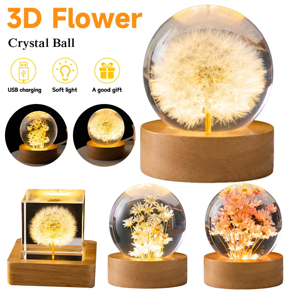 LED Night Light Flower Crystal Ball - Serene Ambiance for Bedroom Decor