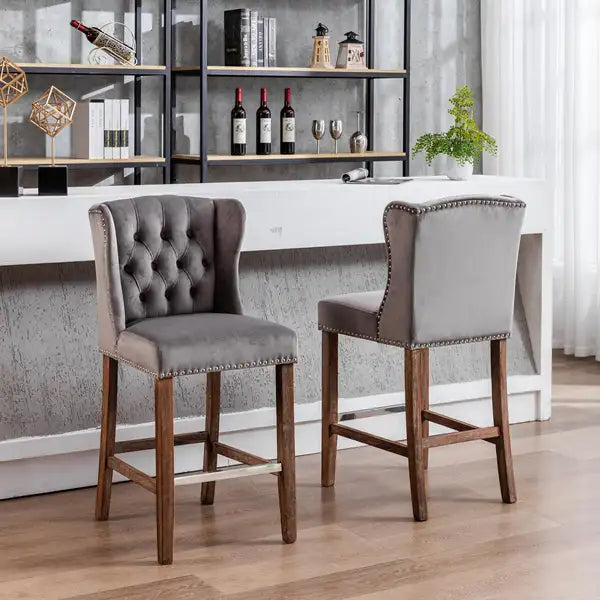 Grey Upholstered Wingback Bar Stools (Set of 2) - 27" Seat Height - Minihomy