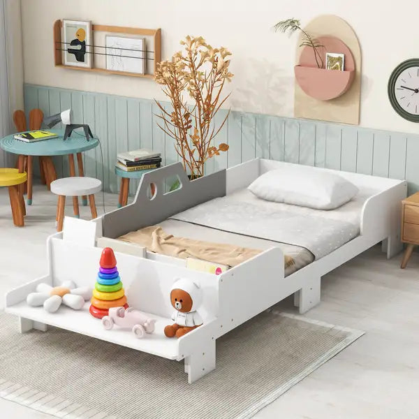 Twin Car Bed with Bench - White Wood Frame for Kids