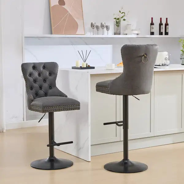 A&A Furniture Black Swivel Barstools, Adjustable Height 25-33", Tufted Back, Set of 2 - Minihomy