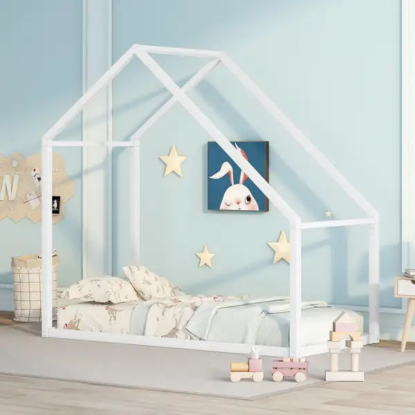 Twin Metal House Bed for Kids, White Frame - Bunk Bed Style