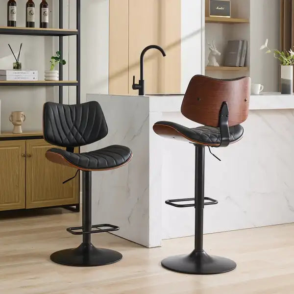 Black Leather Swivel Bar Stools, Mid Century Modern Adjustable Counter Height for Kitchen & Dining Room - 1 Chair - Minihomy