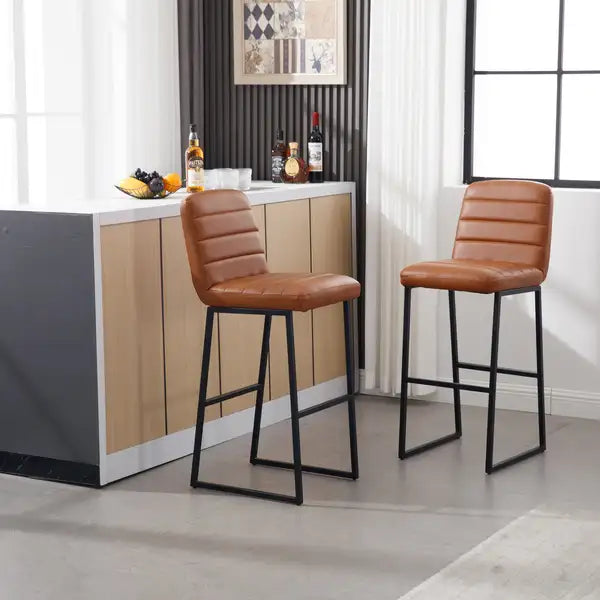 Upholstered Brown Bar Stools Set of 2 with Back & Footrest - Kitchen/Breakfast Bar Seating