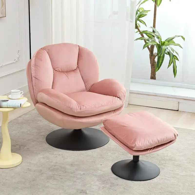 Pink Velvet Swivel Lounge Chair with Ottoman