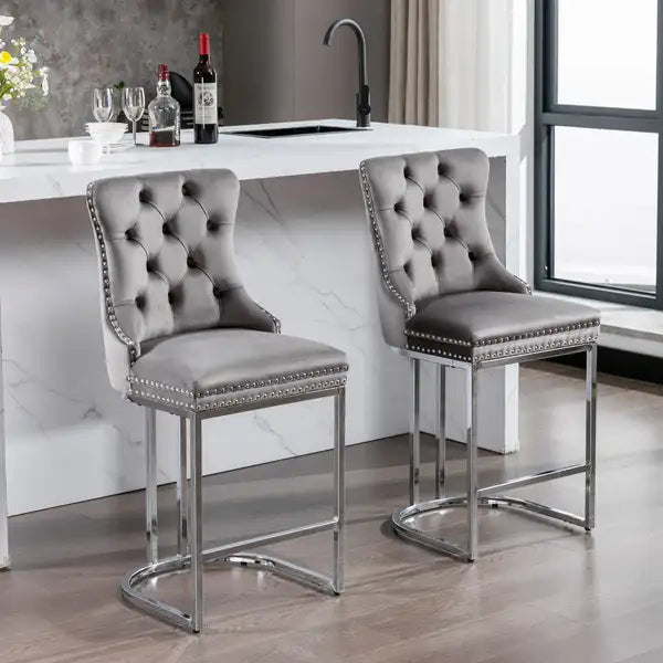 Gray Velvet Counter Height Bar Stools (Set of 2), Modern Button Back with Rivet Trim, Sturdy Metal Base, Farmhouse Style - Minihomy