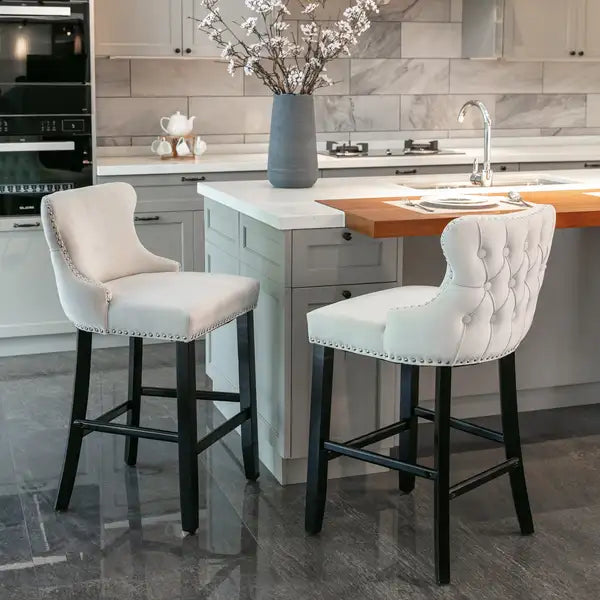 Contemporary Velvet Wingback Barstools Set of 2 (Beige) - Button Tufted, Chrome Nailhead Trim, Wooden Legs, SW1824B - Minihomy