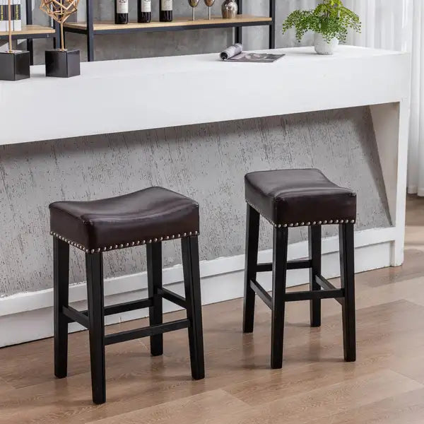 A&A Furniture Farmhouse Counter Height Bar Stools (Set of 2), 26 Inch Brown Faux Leather Backless - Minihomy