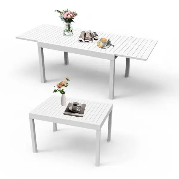 Extendable Patio Dining Table, Aluminum, 35"-71", Ivory White, 4-6 Person, Indoor/Outdoor