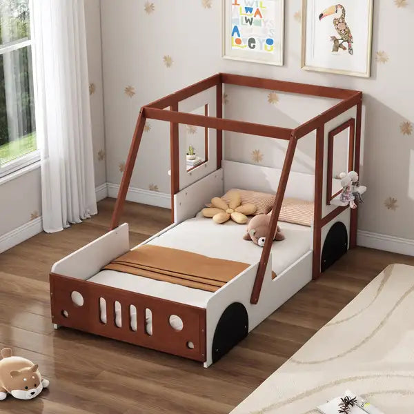 Twin Car Bed for Kids | Platform Bed, White & Orange, Boys & Girls