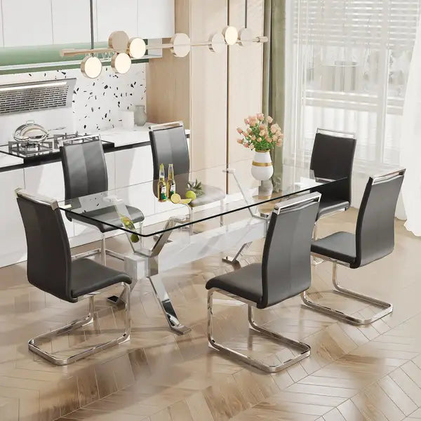 Modern Glass Dining Table with Silver Legs - 79" x 39" x 30" - Home & Office Use - Minihomy