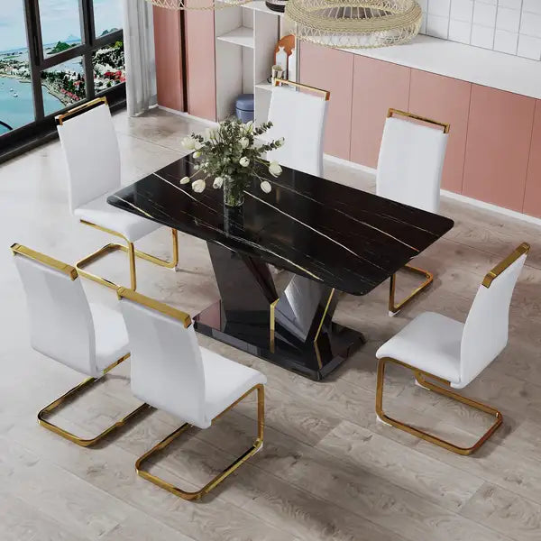 Modern Dining Table Set with Black Marble Glass Top & PU Chairs - Minihomy