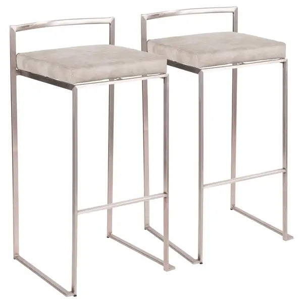 LumiSource Fuji Stackable Bar Stools - Stainless Steel & Light Grey Fabric Cushion (Set of 2)