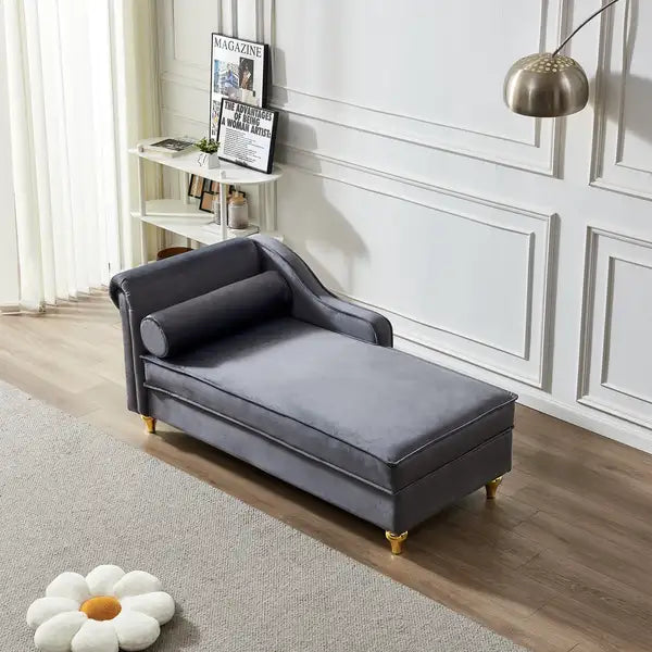 Grey Velvet Chaise Lounge with Storage - Modern Upholstery Chair