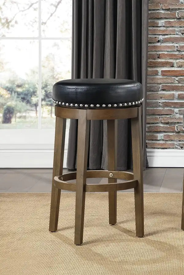 Black Faux Leather Swivel Bar Stools (Set of 2) - Brown Wood Frame