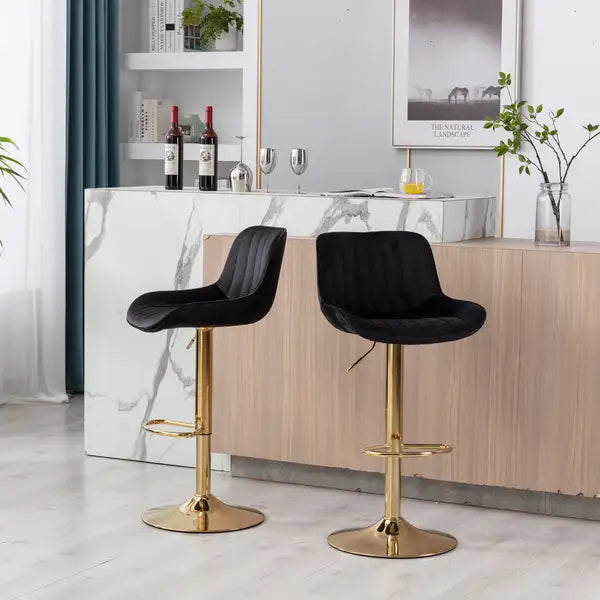 Adjustable Height Bar Stools Set of 2, Black Velvet with Gold Legs - Chrome Footrest and Base Swivel - Minihomy