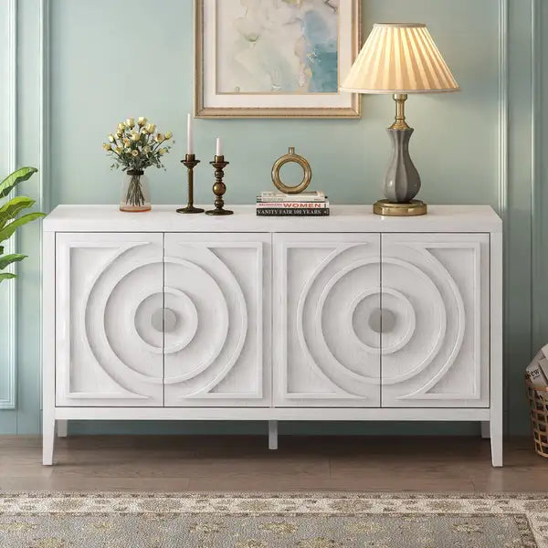 Retro Sideboard Door with Round Metal Handle - White - Circular Groove Design for Living Room, Dining Room, Entrance