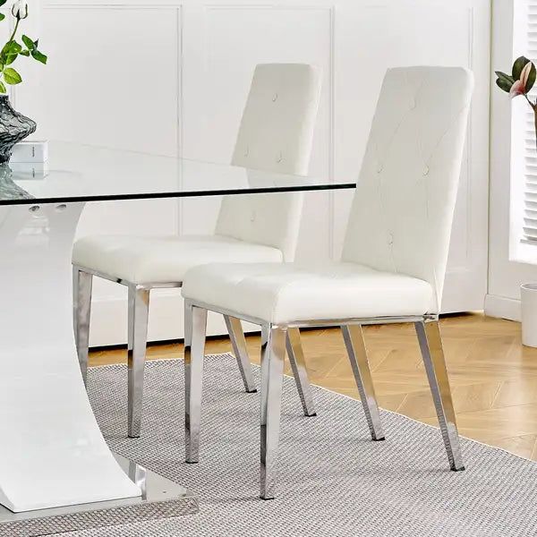 Modern Dining Chairs Set of 2, White PU Leather, Electroplated Legs, Home Bedroom Stool - Minihomy