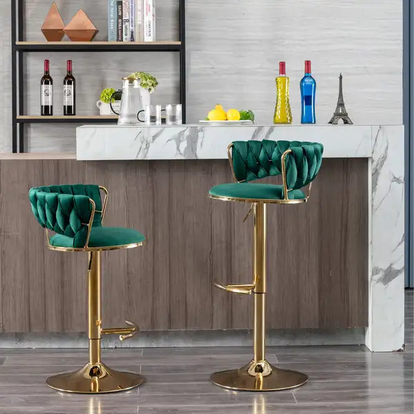 Swivel Bar Stools Set of 2, Height Adjustable, Velvet Upholstery, Green with Gold Legs