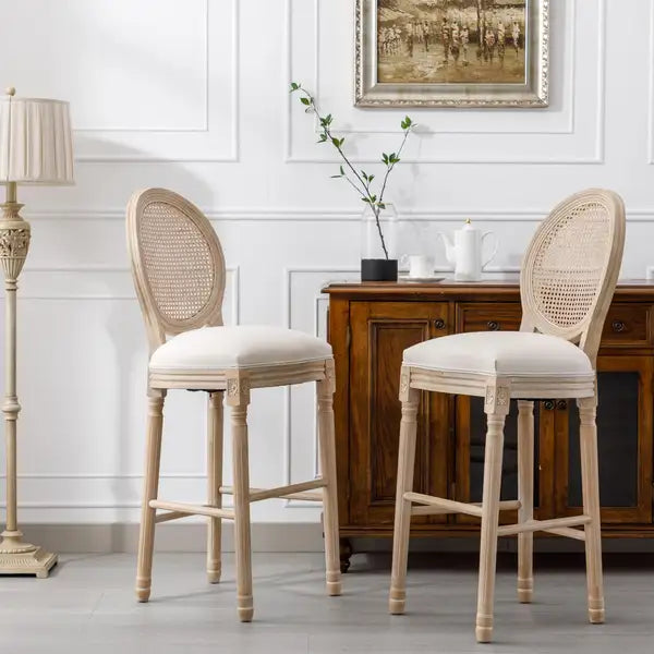 French Country Barstools Set of 2 - Rattan Back, Upholstered Beige Seat, Natural Wood - Minihomy