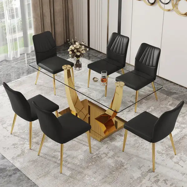 Modern Dining Table Set with Transparent Glass Top & Gold Metal Legs - 6 Chairs Included