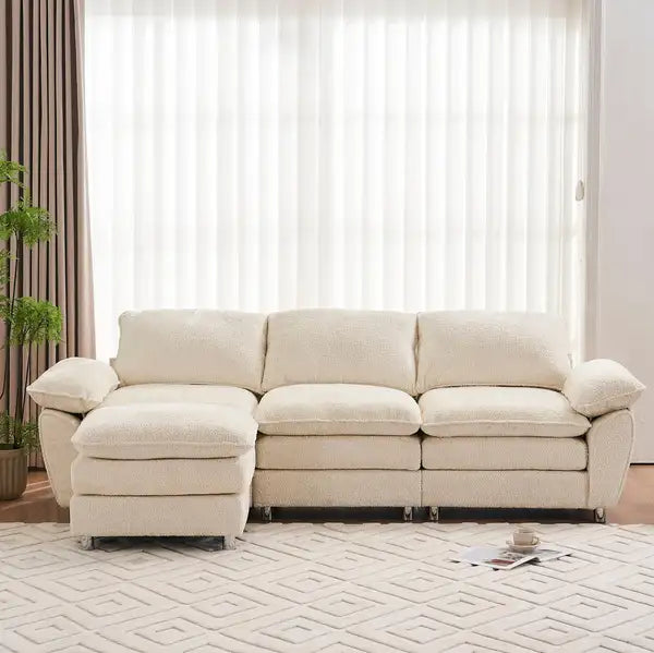 Beige 3-Seat Sofa Sleeper with Ottoman - Modern Living Room Couch