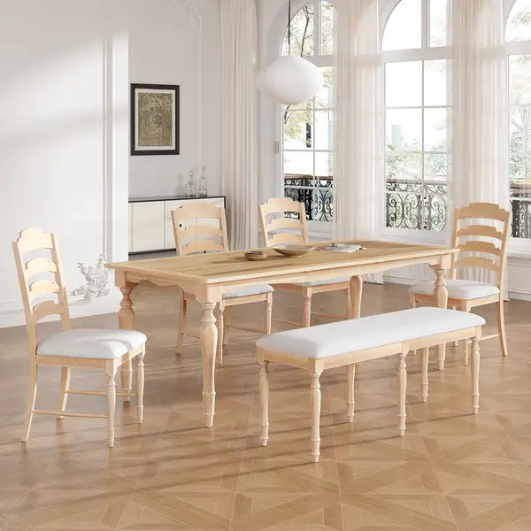 6-Piece Extendable Dining Table Set with Bench & Chairs - Natural Wood Finish - Seats 6 - Minihomy