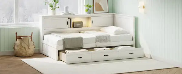 L-Shaped Twin Bed Frame with Drawer, Bookcase, LED Lights & USB Port - White - Minihomy